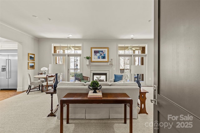 living area featuring ornamental molding, a glass covered fireplace, a healthy amount of sunlight, and baseboards