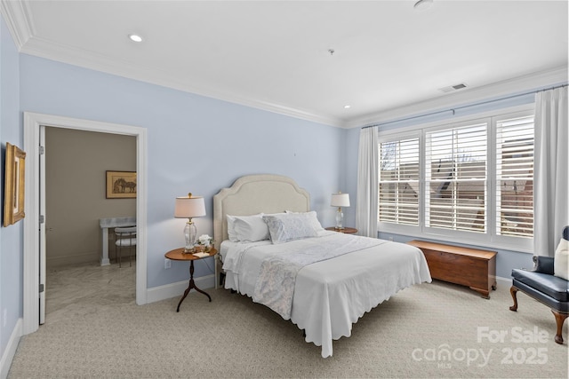 bedroom with baseboards, carpet, visible vents, and crown molding