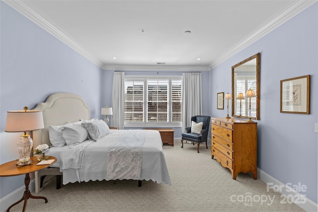 bedroom featuring baseboards, ornamental molding, recessed lighting, and light colored carpet