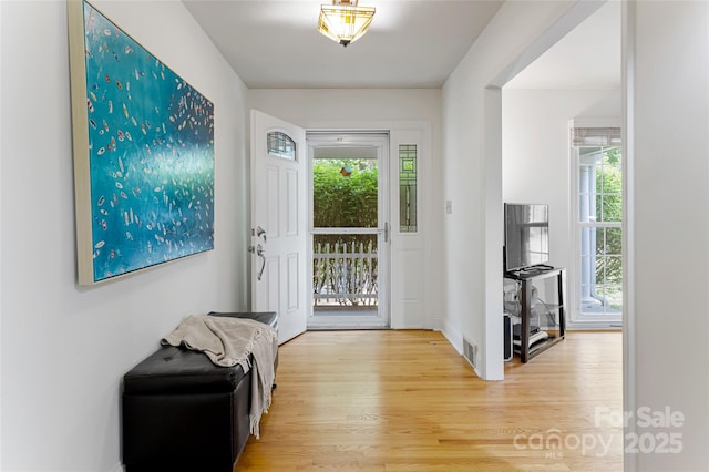 entrance foyer featuring visible vents, a wealth of natural light, and light wood-style floors