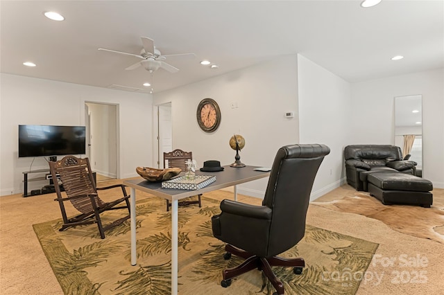 home office featuring recessed lighting, baseboards, ceiling fan, and light colored carpet