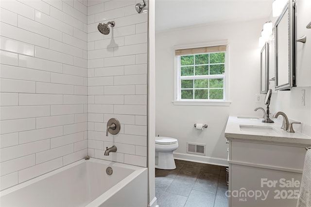 full bath featuring toilet, a sink, visible vents,  shower combination, and double vanity