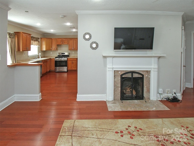 unfurnished living room featuring a premium fireplace, a sink, baseboards, ornamental molding, and dark wood-style floors