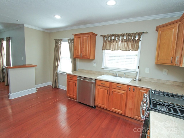 kitchen with dark wood-style floors, plenty of natural light, stainless steel appliances, and a sink