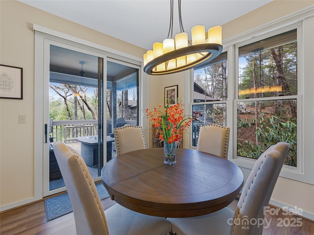 dining space featuring a notable chandelier, plenty of natural light, wood finished floors, and baseboards