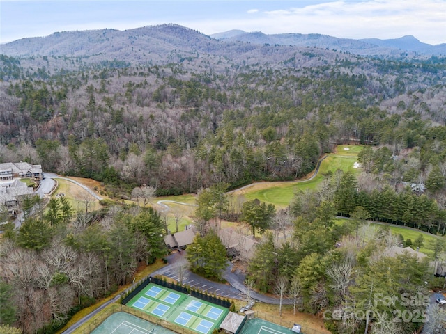 aerial view with a mountain view and a view of trees