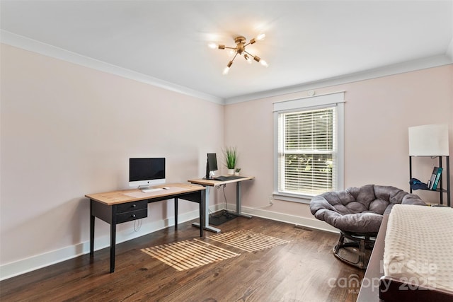 office featuring dark wood-style floors, a chandelier, crown molding, and baseboards