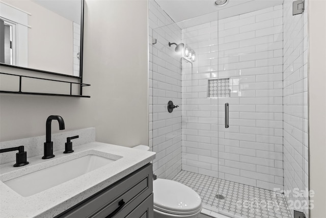 bathroom featuring vanity, a shower stall, and toilet