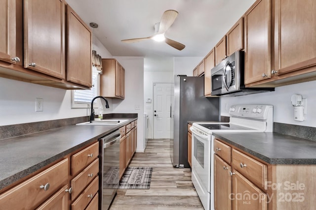 kitchen featuring light wood finished floors, dark countertops, ceiling fan, stainless steel appliances, and a sink