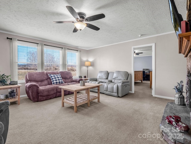 living room featuring light carpet, crown molding, baseboards, and ceiling fan