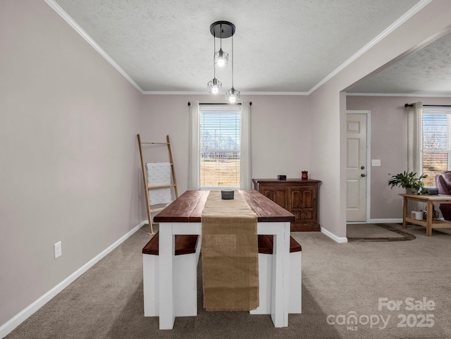 dining room with a textured ceiling, carpet flooring, and baseboards