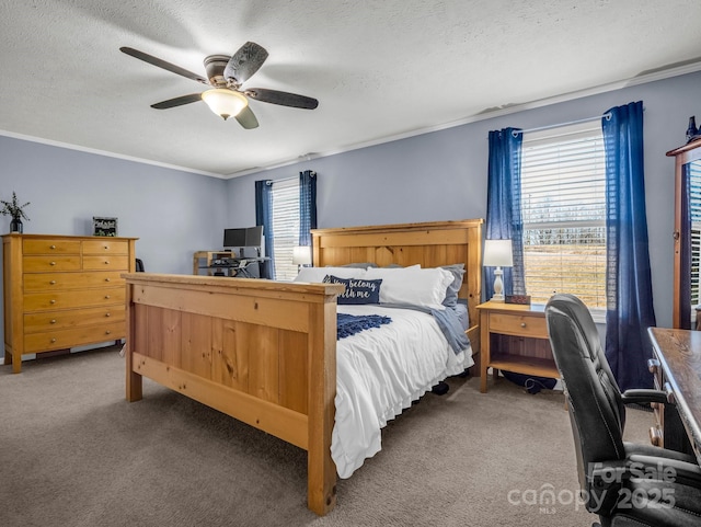 carpeted bedroom with a textured ceiling, ornamental molding, and a ceiling fan