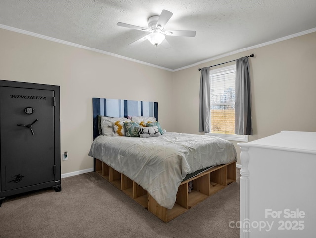 bedroom featuring a textured ceiling, crown molding, baseboards, and light colored carpet