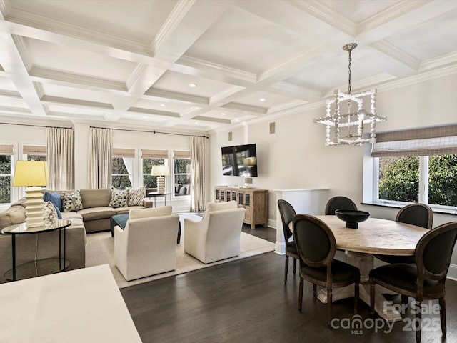 dining space featuring an inviting chandelier, plenty of natural light, dark wood finished floors, and beamed ceiling