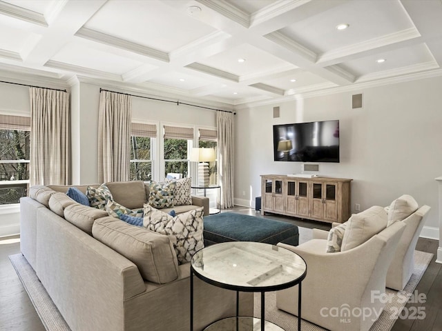 living room featuring visible vents, coffered ceiling, beam ceiling, and wood finished floors