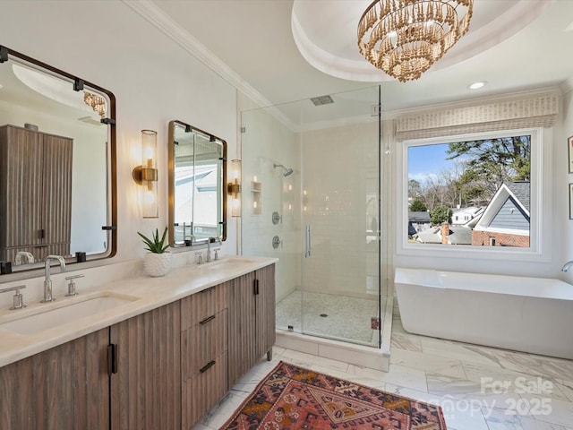 full bath with a wealth of natural light, a shower stall, ornamental molding, and a sink