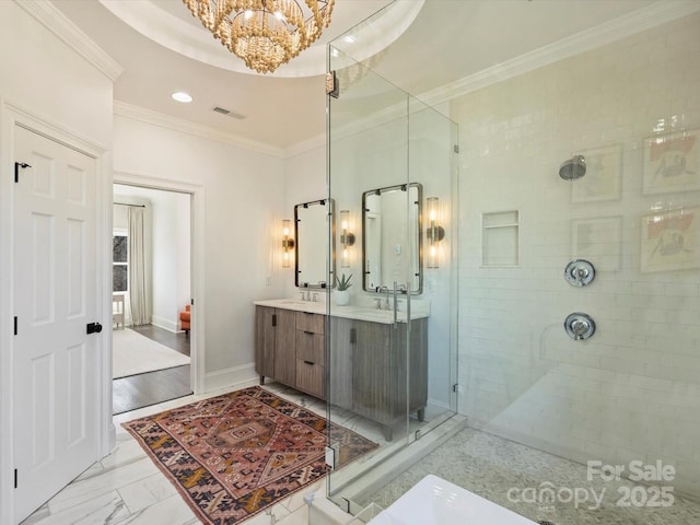 full bathroom with a stall shower, visible vents, and ornamental molding