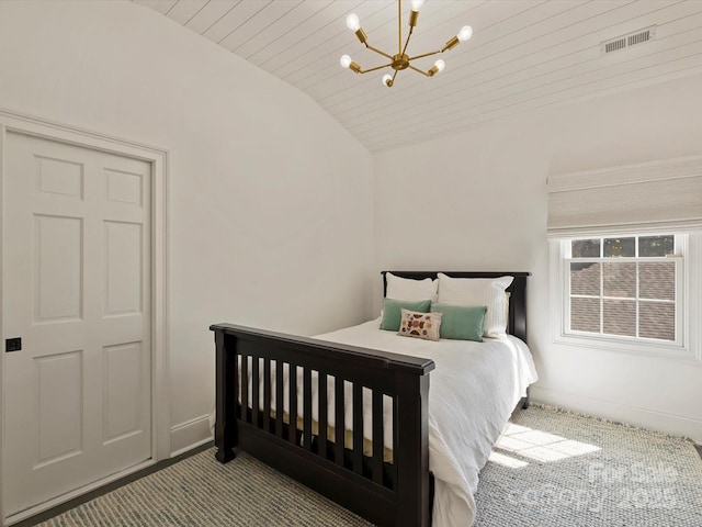 bedroom with baseboards, wood ceiling, vaulted ceiling, carpet flooring, and a notable chandelier