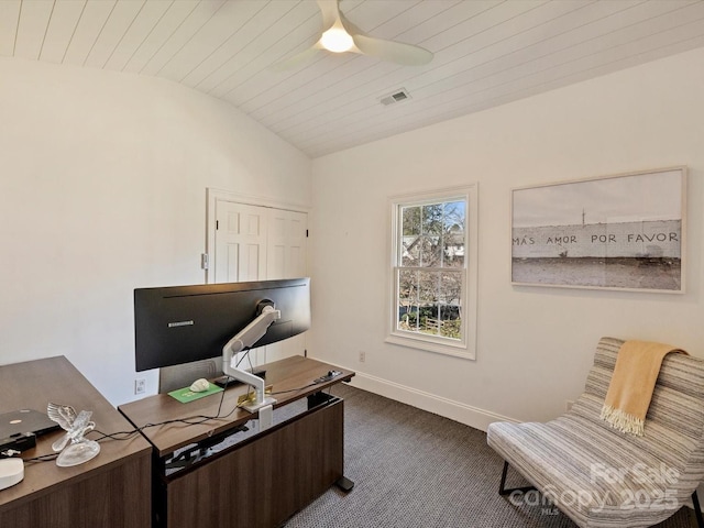 carpeted office space featuring visible vents, baseboards, lofted ceiling, ceiling fan, and wood ceiling