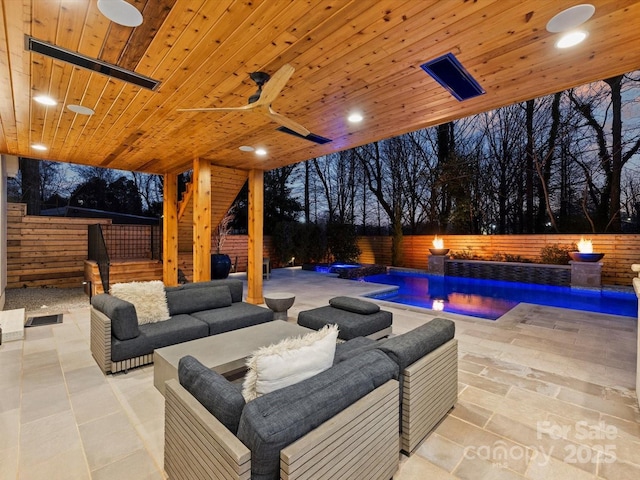 view of patio / terrace with visible vents, a fenced in pool, a fenced backyard, stairway, and outdoor lounge area