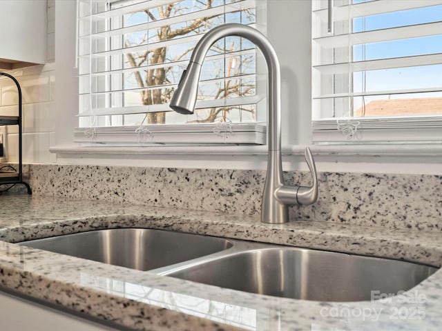 details with light stone counters and a sink