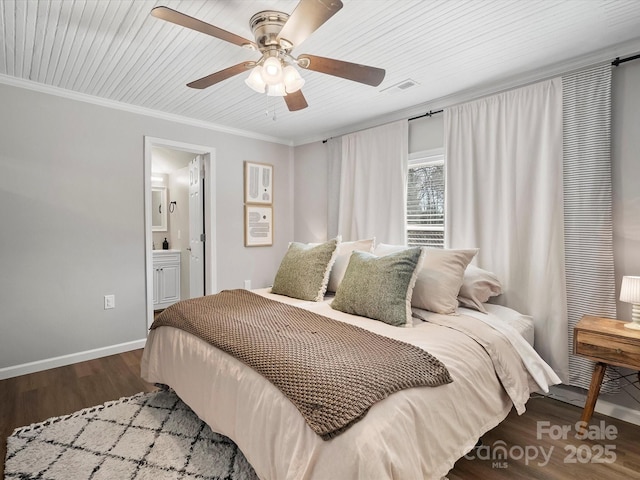 bedroom with crown molding, visible vents, a ceiling fan, wood finished floors, and baseboards