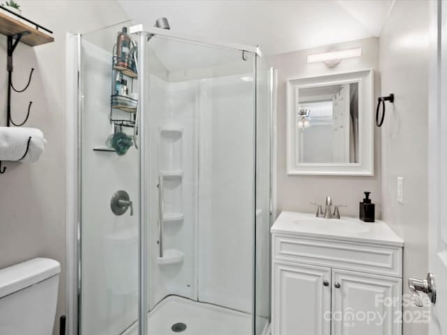 bathroom with toilet, a stall shower, and vanity