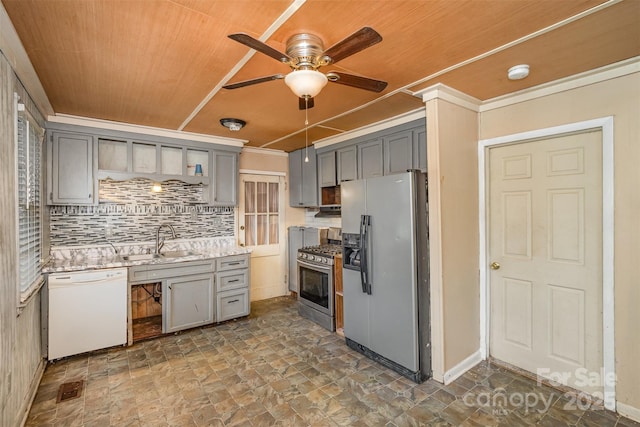 kitchen featuring a sink, gray cabinetry, ceiling fan, stainless steel appliances, and wood ceiling