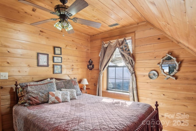 bedroom featuring wood ceiling, wooden walls, visible vents, and ceiling fan