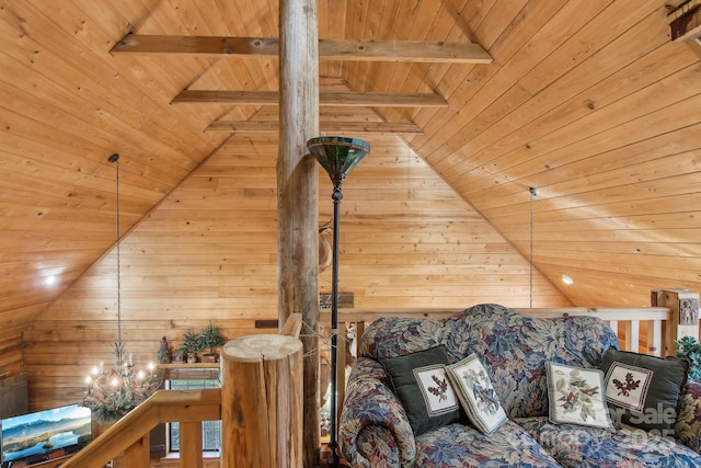 unfurnished living room with lofted ceiling with beams, wood walls, and wood ceiling