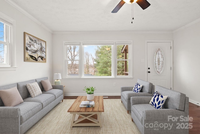 living area featuring crown molding, baseboards, wood finished floors, a textured ceiling, and a ceiling fan