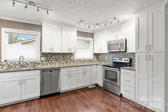 kitchen featuring dark wood-style floors, plenty of natural light, a sink, stainless steel appliances, and white cabinets