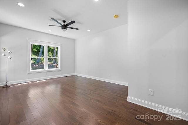 unfurnished room with visible vents, baseboards, ceiling fan, dark wood-style flooring, and recessed lighting