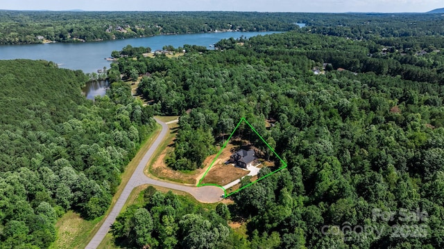 birds eye view of property with a forest view and a water view