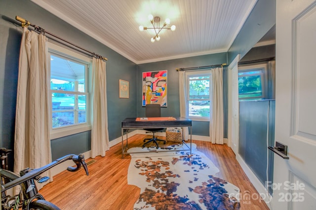 124 Dodge St, Asheville, NC 28803 - home office featuring a chandelier, wood finished floors, crown molding, baseboards, and wooden ceiling