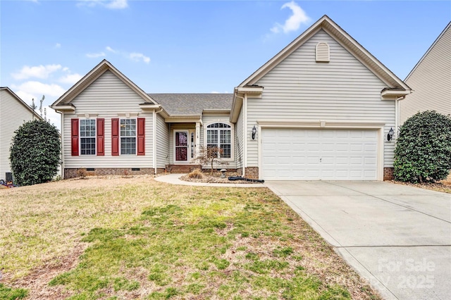 ranch-style house with crawl space, an attached garage, concrete driveway, and a front lawn