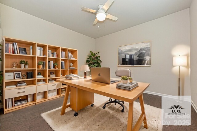 home office featuring baseboards, a ceiling fan, and wood finished floors