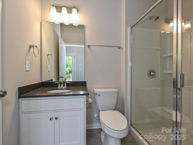 full bathroom with vanity, a shower stall, toilet, and tile patterned floors