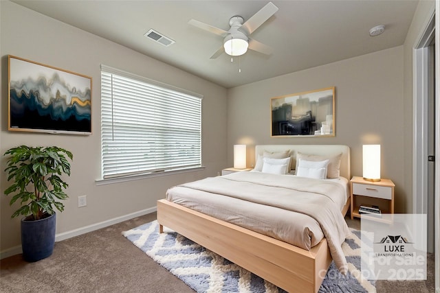 bedroom with carpet floors, a ceiling fan, visible vents, and baseboards