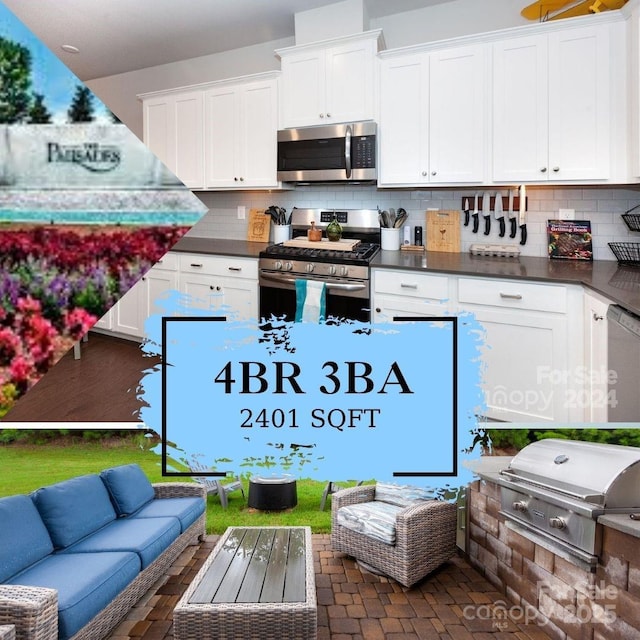 interior space with appliances with stainless steel finishes, dark countertops, backsplash, and white cabinetry