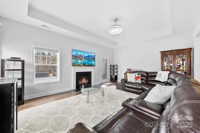 living area featuring a fireplace with flush hearth, wood finished floors, visible vents, baseboards, and a raised ceiling