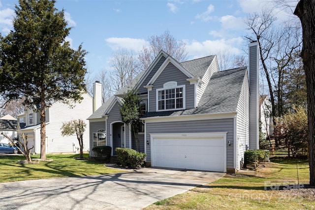 traditional-style home featuring concrete driveway, roof with shingles, a front yard, a chimney, and an attached garage