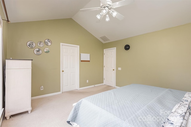 bedroom featuring baseboards, light colored carpet, a ceiling fan, and vaulted ceiling