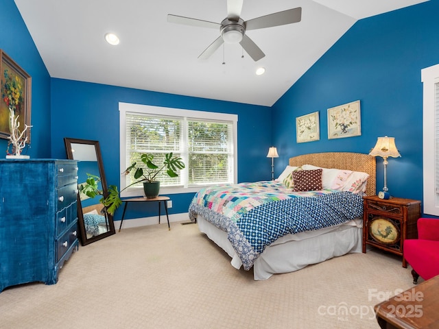 carpeted bedroom featuring a ceiling fan, lofted ceiling, baseboards, and recessed lighting