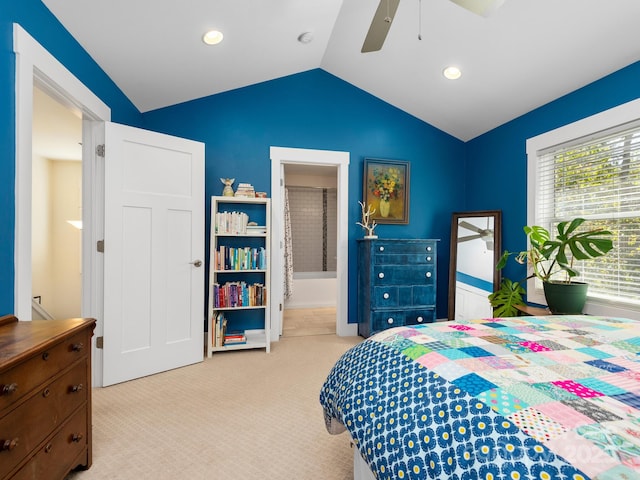 bedroom with carpet floors, lofted ceiling, recessed lighting, and a ceiling fan