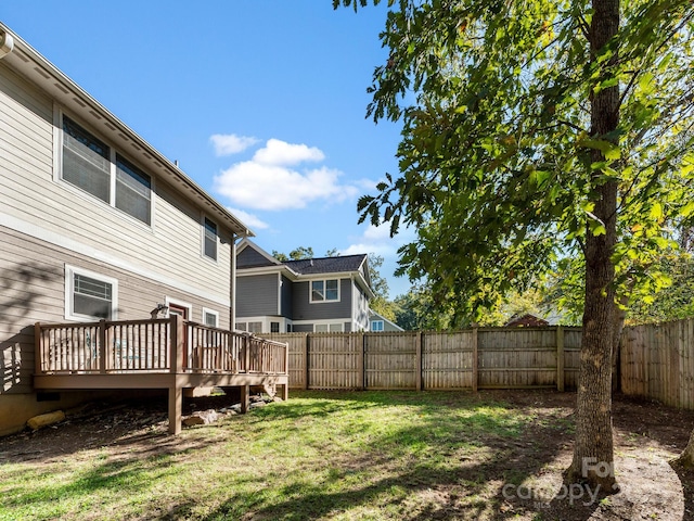 view of yard featuring a fenced backyard and a wooden deck