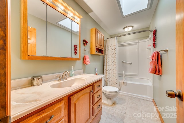 bathroom with tile patterned flooring, toilet, a skylight, vanity, and shower / bath combination with curtain