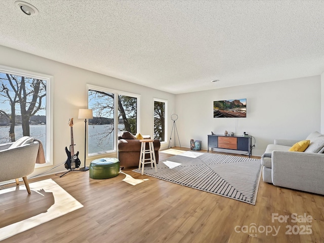 living area with a textured ceiling, wood finished floors, and a healthy amount of sunlight