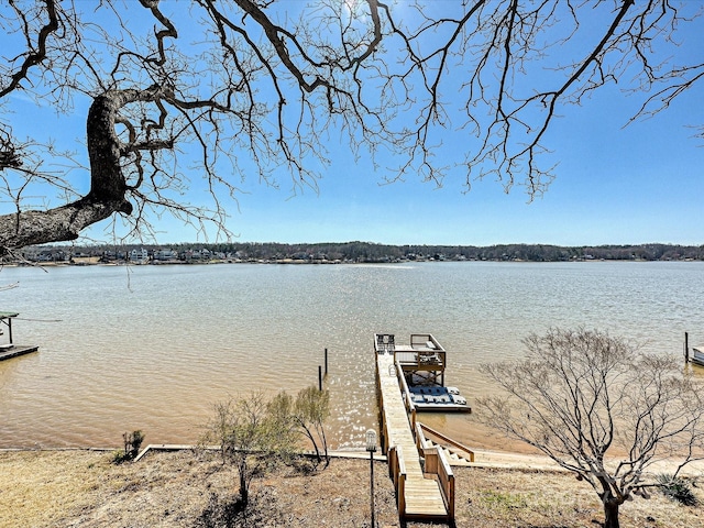 view of water feature with a dock