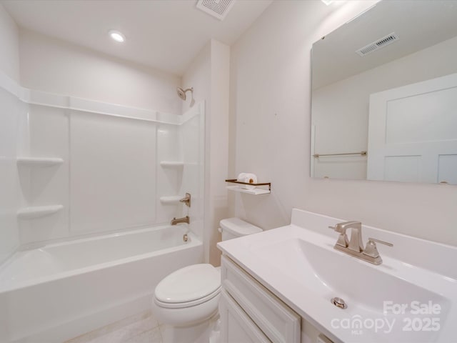 bathroom with toilet, shower / bathtub combination, visible vents, and vanity